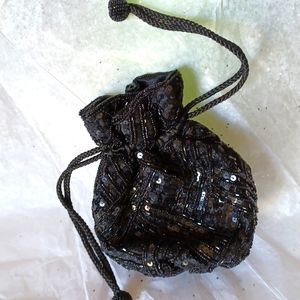 ☆☆☆Vintage Black Sequin Drawstring Bag w/ Gems 💎 HB0009